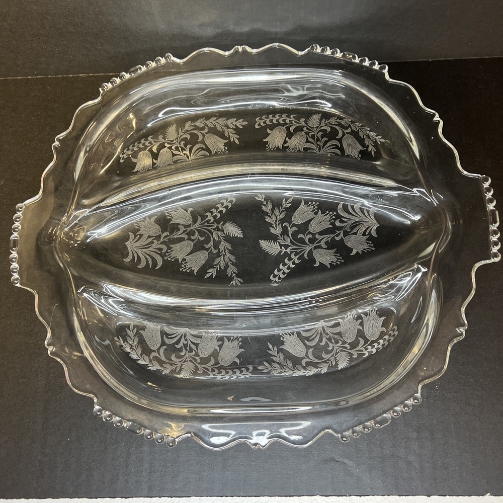 Vintage Tiffin Glass Fuchsia Etched 3-Part Relish Dish